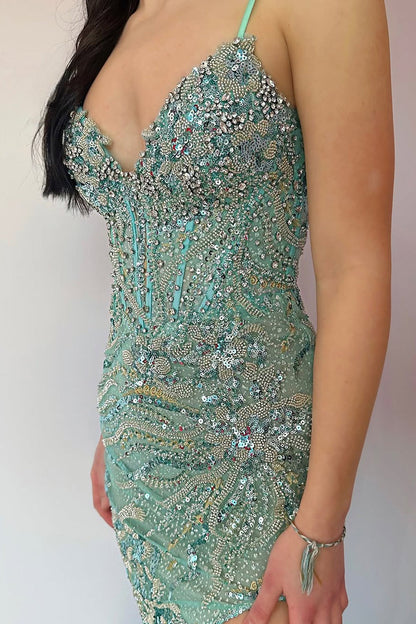 Mermaid V Neck Mint Sequin Lace Long Prom Dresses