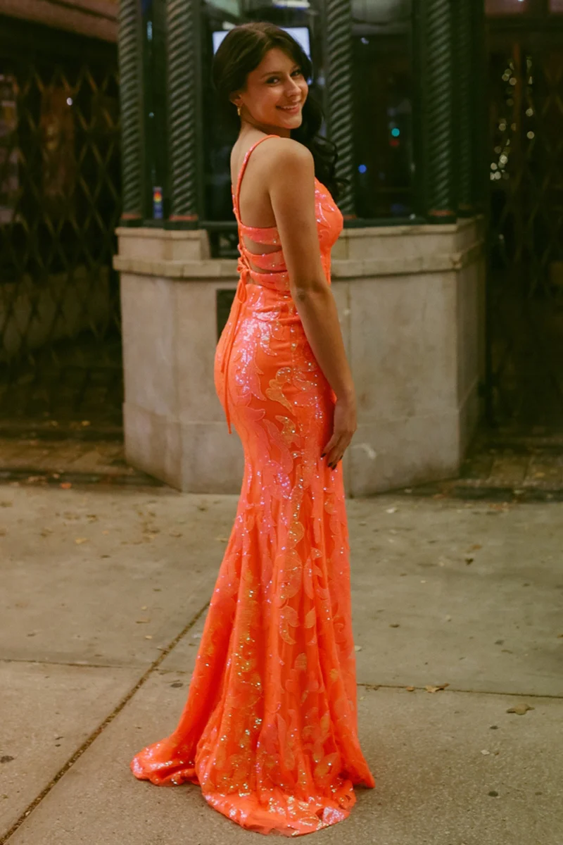 Orange V Neck Sequins Mermaid Long Prom Dresses