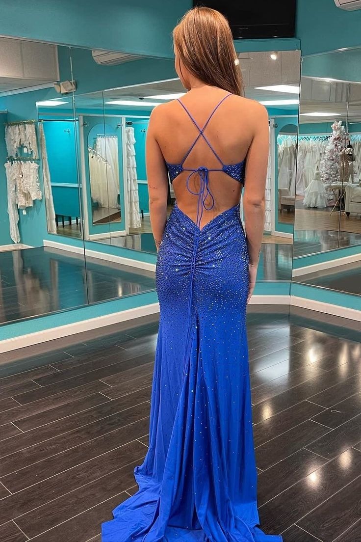 Mermaid Straps Royal Blue Satin Long Prom Dresses