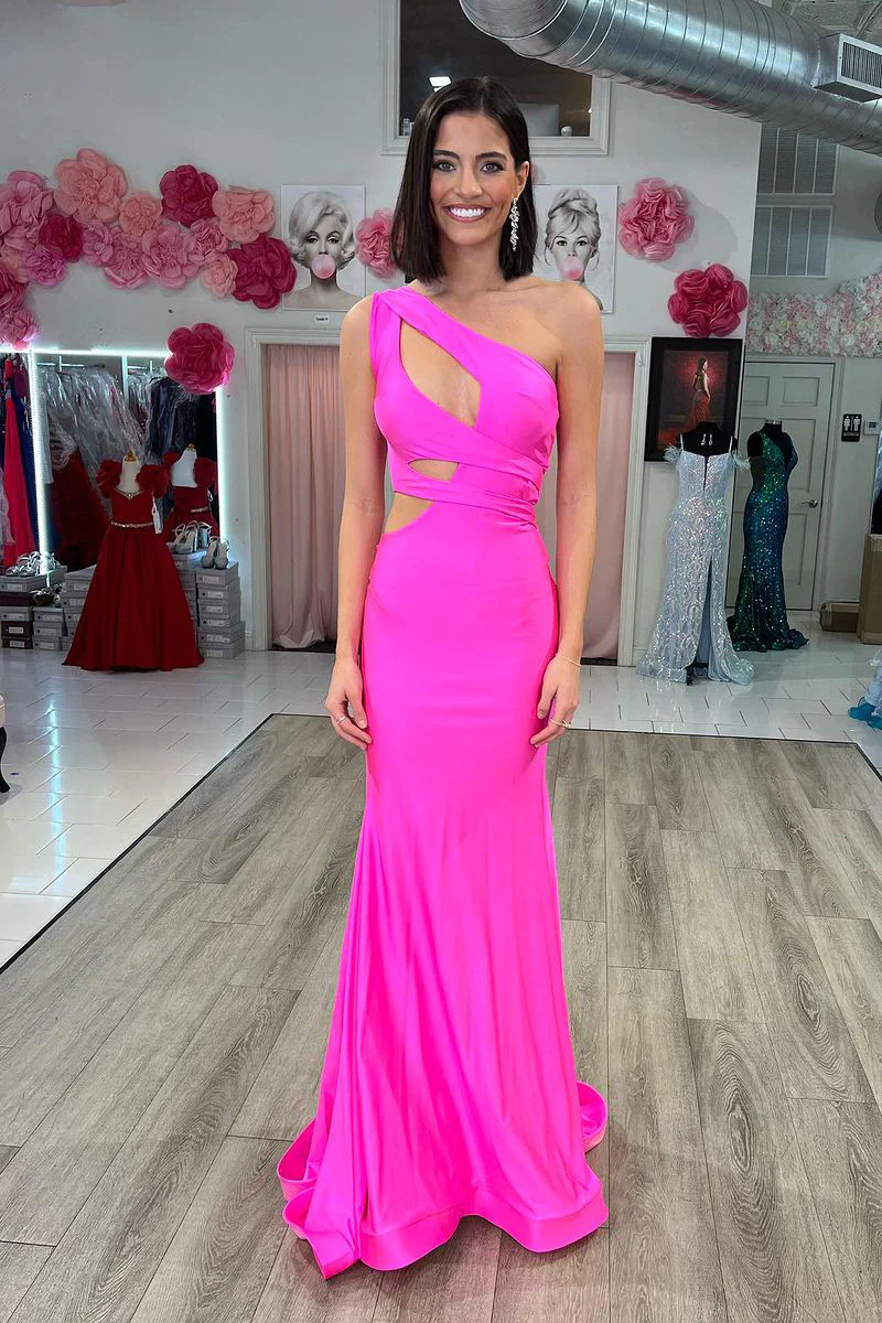 Fuchsia One Shoulder Cutout Mermaid Long Prom Dresses