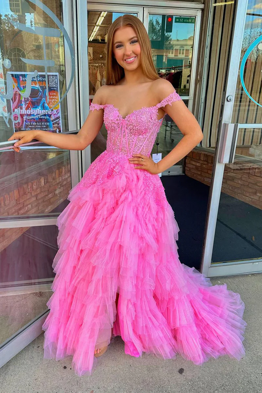 Off-the-Shoulder Pink Ruffle Tulle Long Prom Dresses