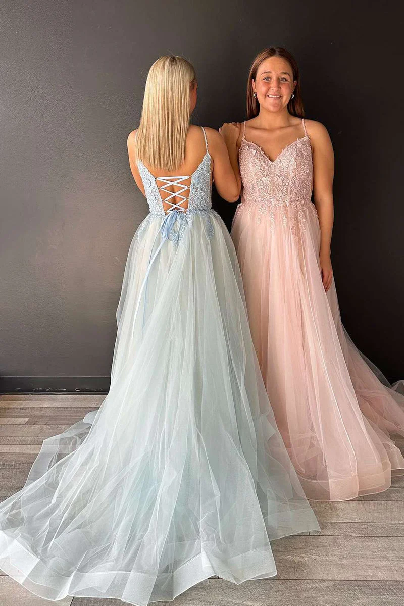 V-Neck Lace-Up Appliques A-Line Tulle Prom Dresses