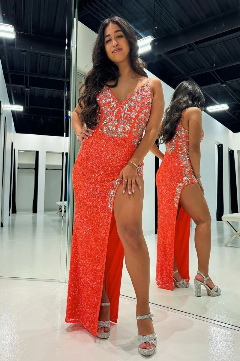 Orange Sequin Lace V Neck Mermaid Long Prom Dresses