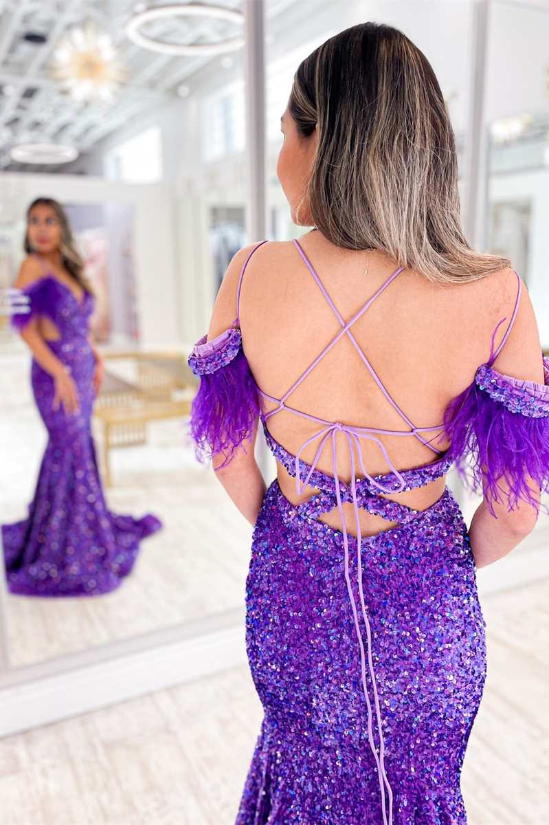 Purple Iridescent Sequin Feather Cold-Shoulder Cutout Mermaid Prom Dresses