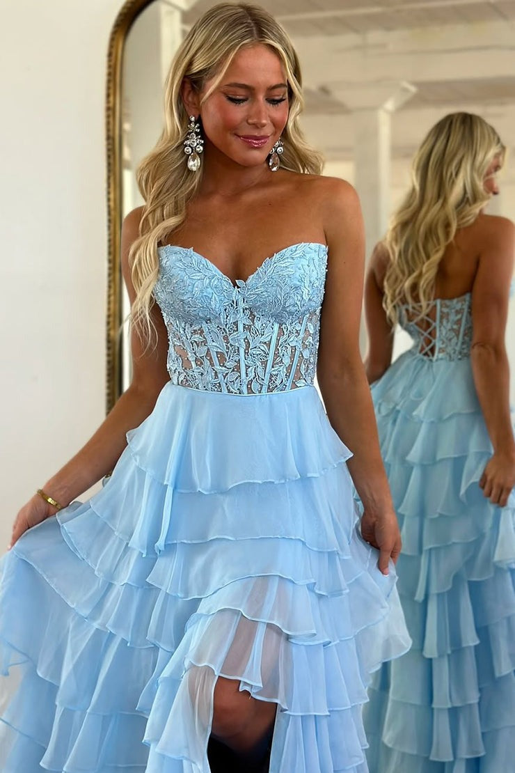 A Line Sweetheart Blue Chiffon Tiered Prom Dresses