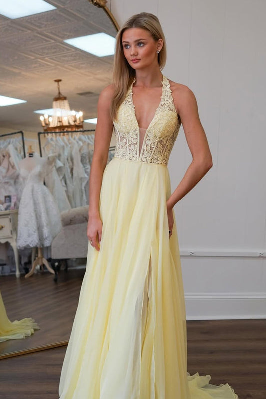 A Line V Neck Daffodial Chiffon Long Prom Dresses