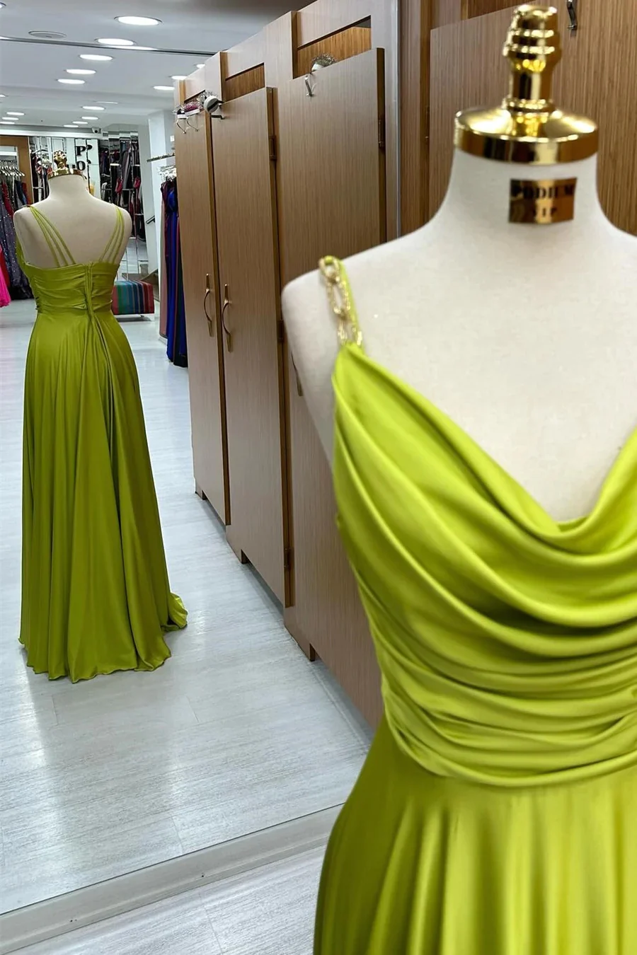 A-Line Olive Green Cowl Neck Chain Strap Long Prom Dresses