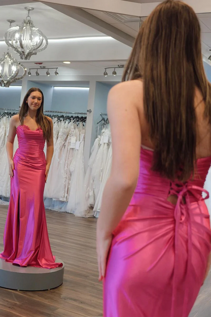 Mermaid Pink Satin Long Sweetheart Prom Dresses