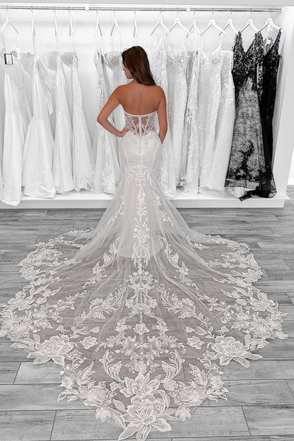 Mermaid V Neck Lace Wedding Dresses with Train