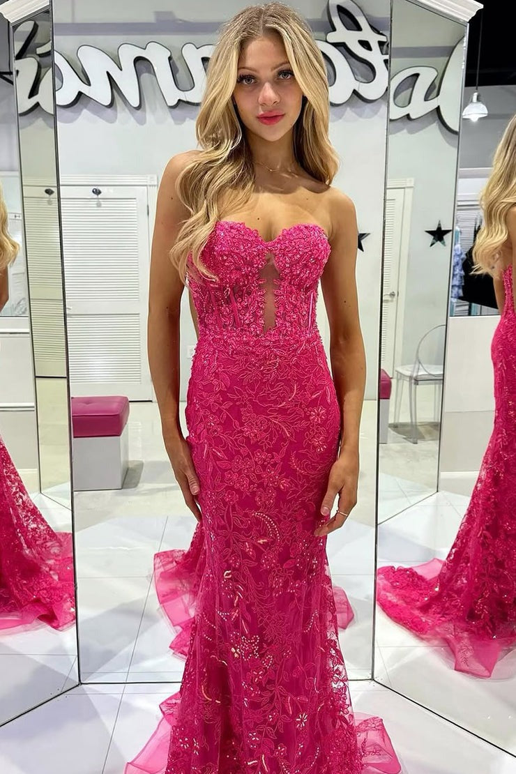 Charming Mermaid Sweetheart Keyhole Fuchsia Lace Prom Dresses