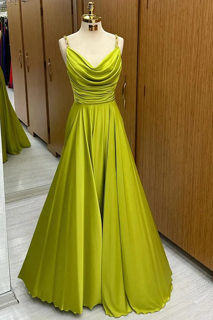 A-Line Olive Green Cowl Neck Chain Strap Long Prom Dresses