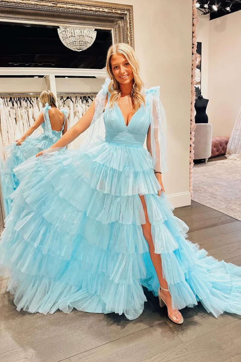 Cute A-Line V Neck Blue Tiered Tulle Long Prom Dresses