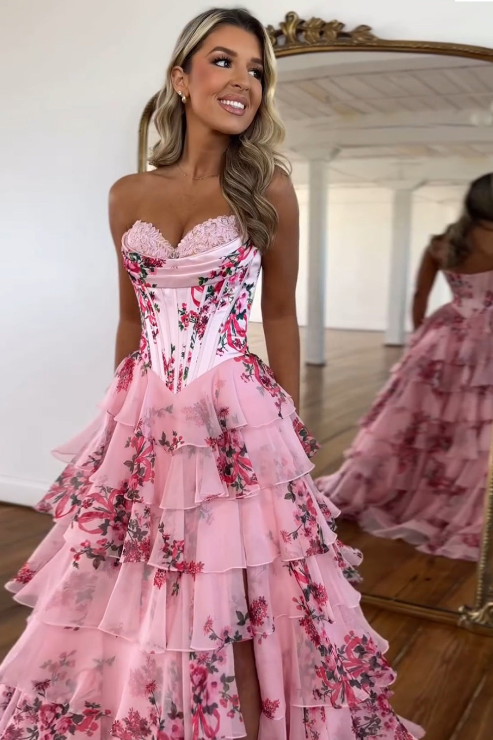 Charming A Line Chiffon Sweetheart Blush Printed Long Prom Dresses