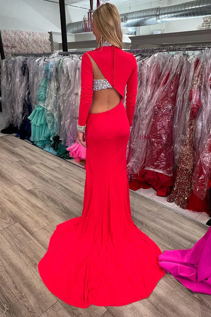 High Neck Long Sleeve Red Mermaid Prom Dresses