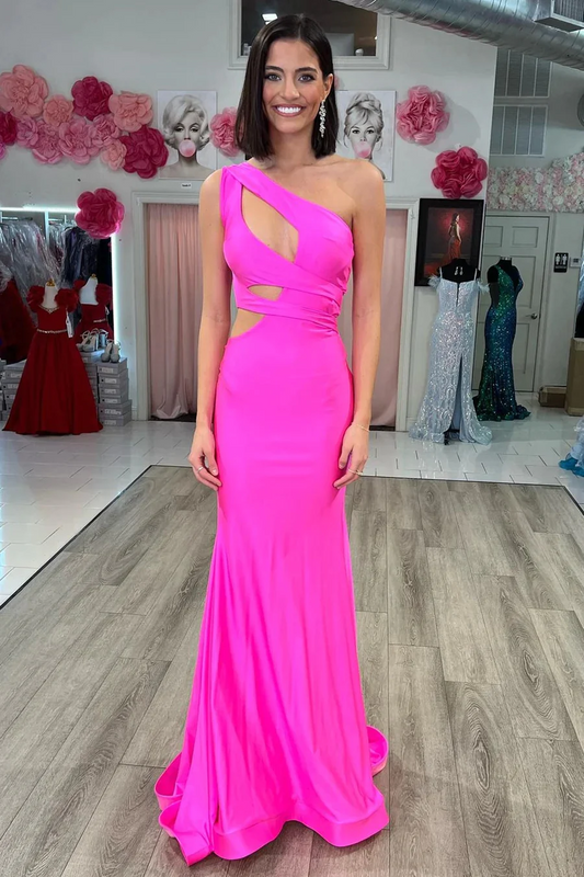 Hot Pink One-Shoulder Cutout Mermaid Long Prom Dresses