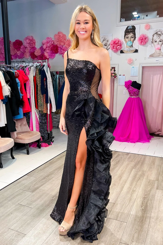 Black Sequin Mesh One-Shoulder Ruffle Long Formal Dresses