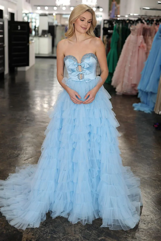 Light Blue Sweetheart Tiered Tulle Long Prom Dresses