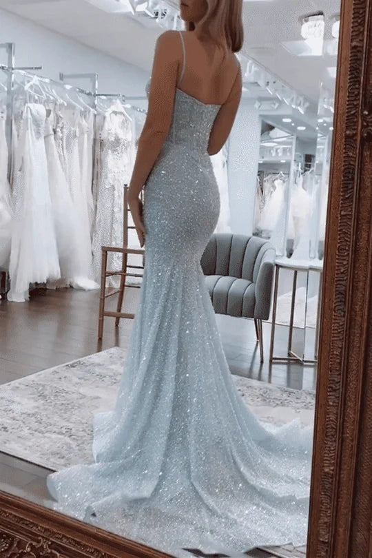 Mermaid Sweetheart Sky Blue Sequins Prom Dresses