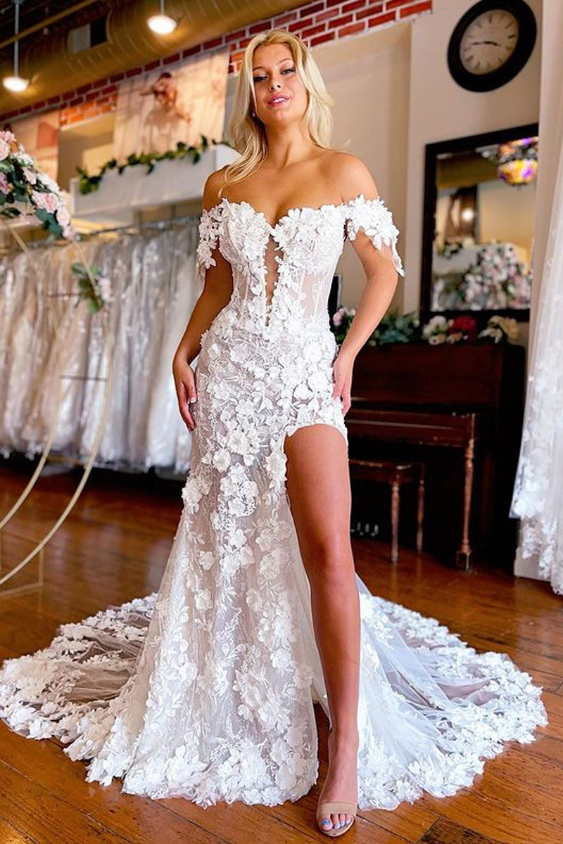 V Neck Cap Sleeves Lace Mermaid Slit Wedding Dresses with 3D Appliques