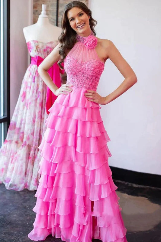 Long Pink A Line Halter Neck Beaded Lace Prom Dresses