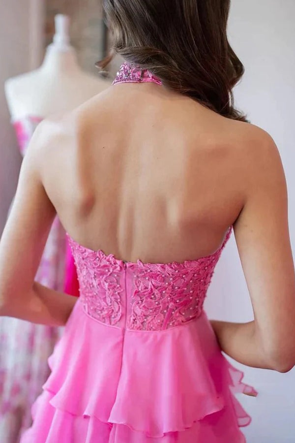 Long Pink A Line Halter Neck Beaded Lace Prom Dresses