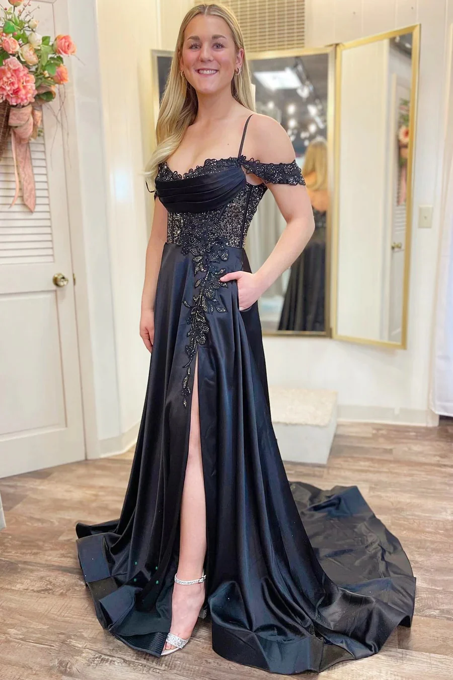 A Line Cold-Shoulder Beaded Black Prom Dresses