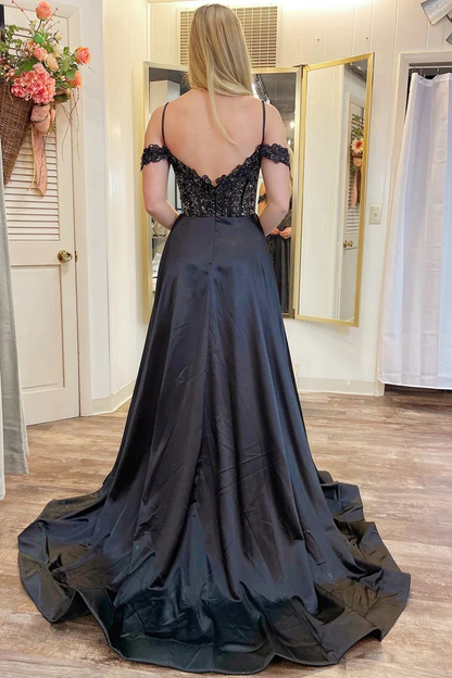 A Line Cold-Shoulder Beaded Black Prom Dresses