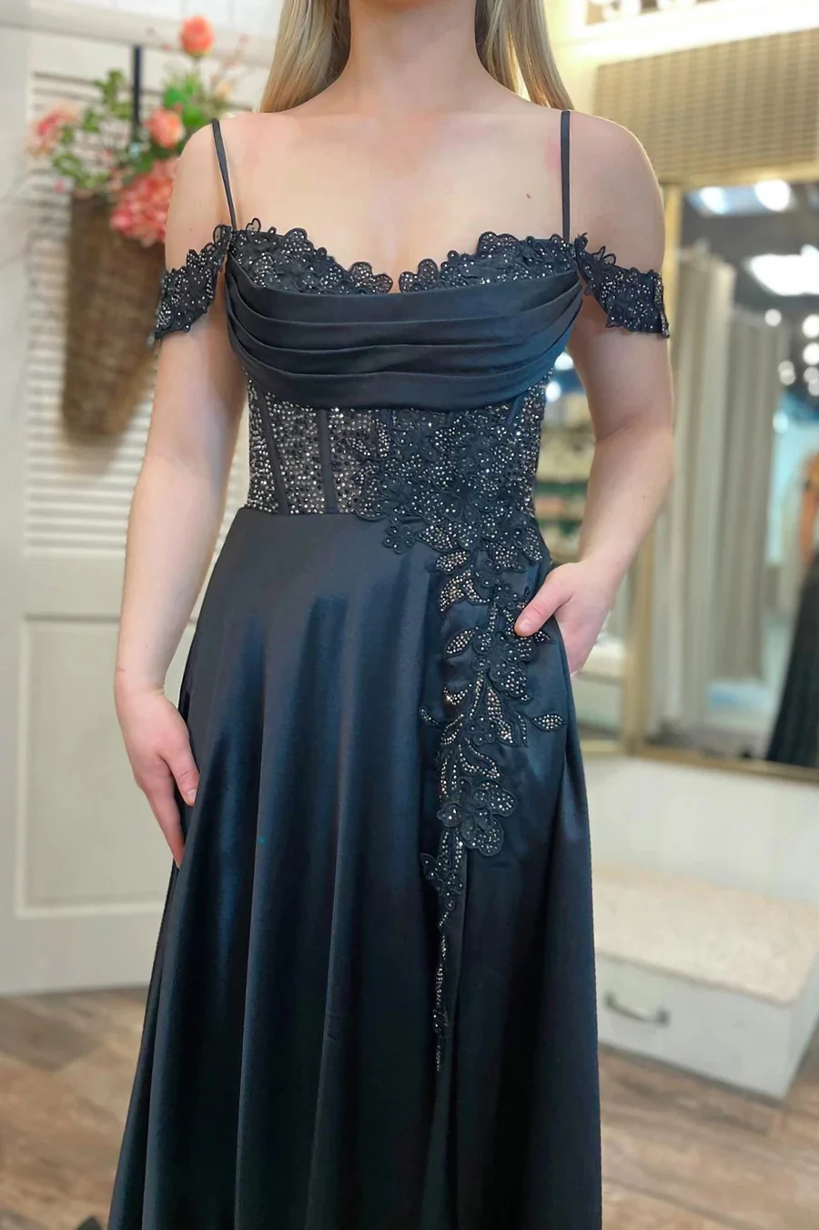 A Line Cold-Shoulder Beaded Black Prom Dresses