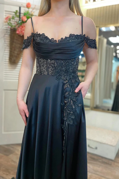 A Line Cold-Shoulder Beaded Black Prom Dresses