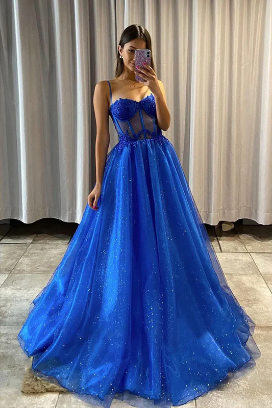 A Line Shiny Royal Blue Tulle Formal Prom Dresses