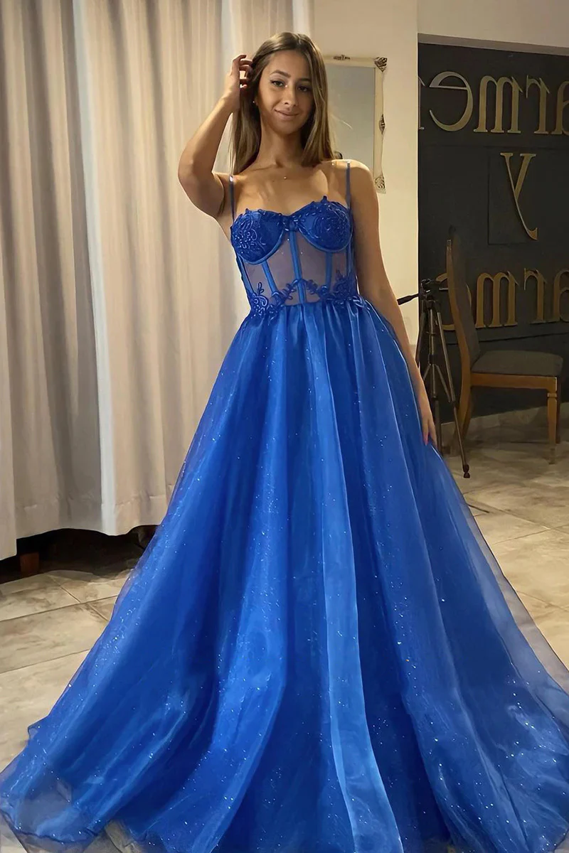 A Line Shiny Royal Blue Tulle Formal Prom Dresses