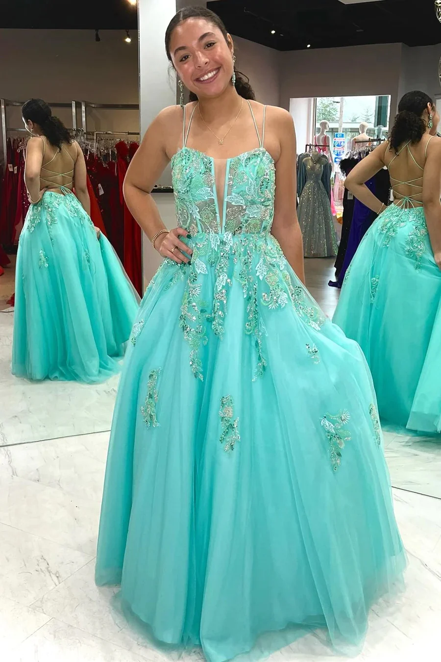 A Line Spaghetti Straps Turquoise Tulle Prom Dress Long Evening Dresses