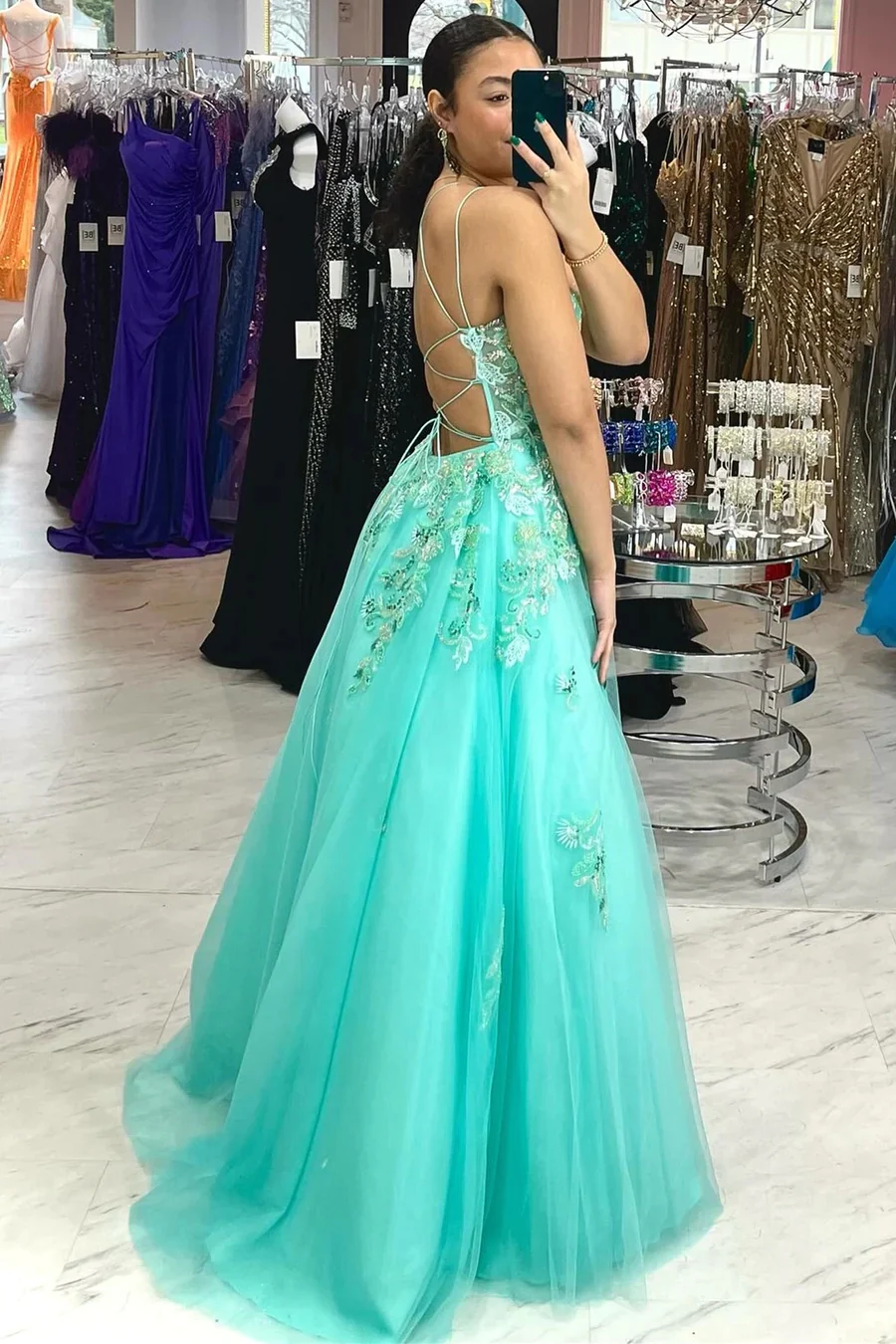 A Line Spaghetti Straps Turquoise Tulle Prom Dress Long Evening Dresses