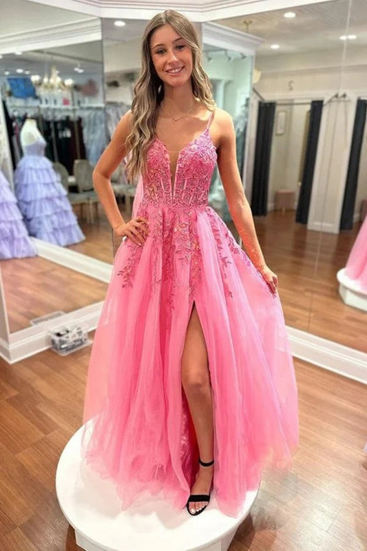 A Line Hot Pink Lace Long V Neck Prom Dresses