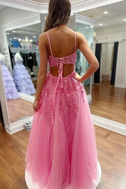 A Line Hot Pink Lace Long V Neck Prom Dresses