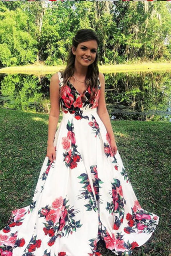 Beautiful Floral Straps Sleeveless A-line Long Prom Dresses, Evening Gown