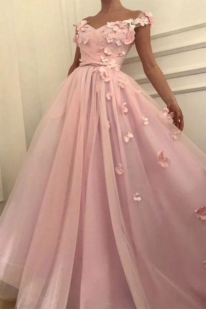 Beautiful Tulle A-line Off-the-Shoulder Long Prom Dresses With 3D Flowers