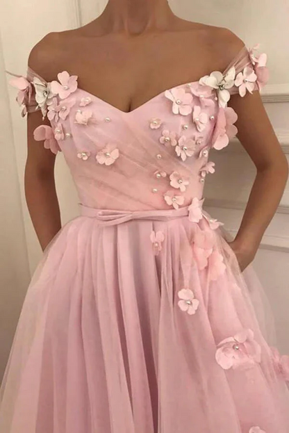 Beautiful Tulle A-line Off-the-Shoulder Long Prom Dresses With 3D Flowers