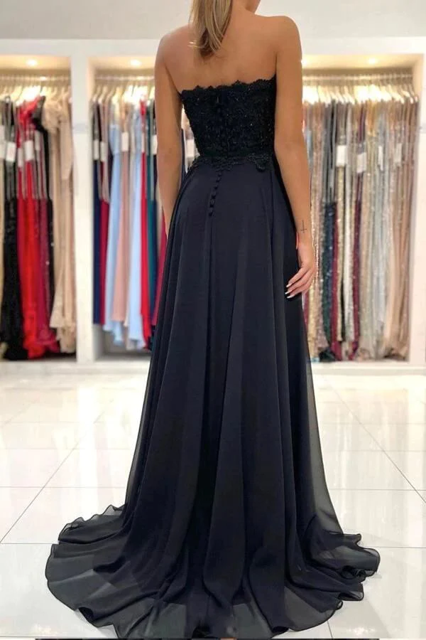 Black Chiffon Lace A-line Sweetheart Long Prom Dresses, Evening Gowns,BD930796