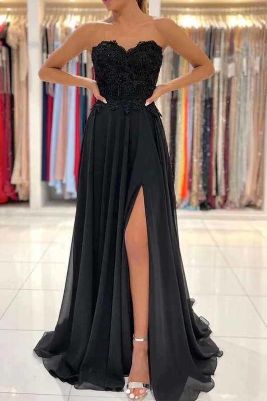 Black Chiffon Lace A-line Sweetheart Long Prom Dresses, Evening Gowns