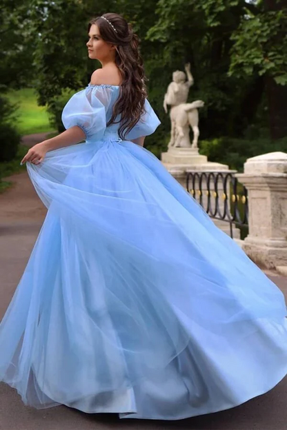 A-line Blue Tulle Princess Off-the-Shoulder Prom Dresses,Evening Dress