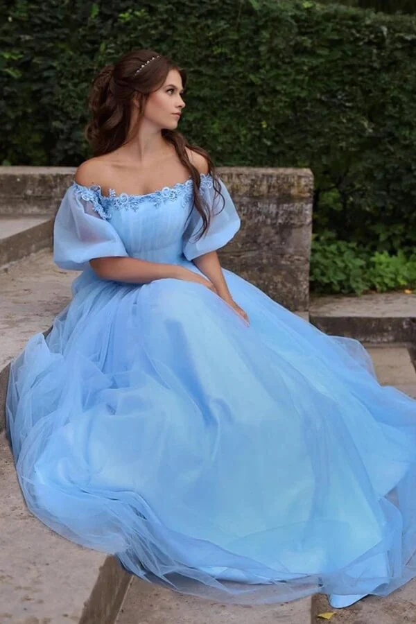 A-line Blue Tulle Princess Off-the-Shoulder Prom Dresses,Evening Dress