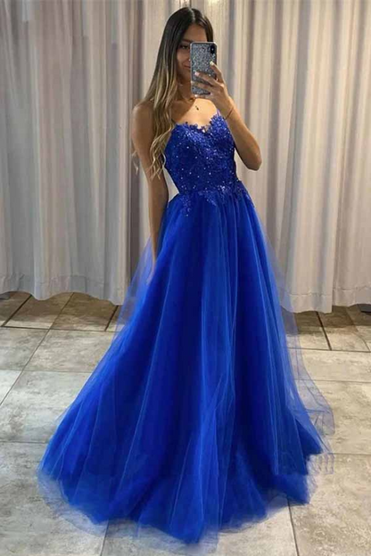 Blue Tulle Spaghetti Straps Floor length A-line Prom Dresses, Formal Dress,BD930807