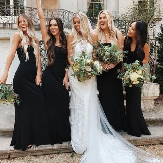 Mermaid Square Sleeveless Cheap Black Bridesmaid Dresses Wedding Guest Dress