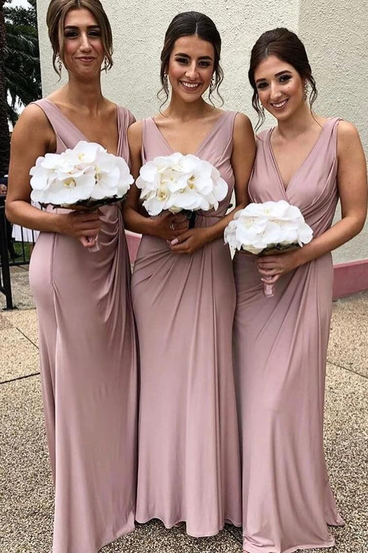 Cheap  Sleeveless Deep V Neck Chiffon Blush Pink Bridesmaid Dresses