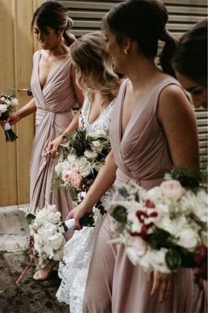 Cheap  Sleeveless Deep V Neck Chiffon Blush Pink Bridesmaid Dresses