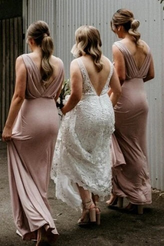 Cheap  Sleeveless Deep V Neck Chiffon Blush Pink Bridesmaid Dresses