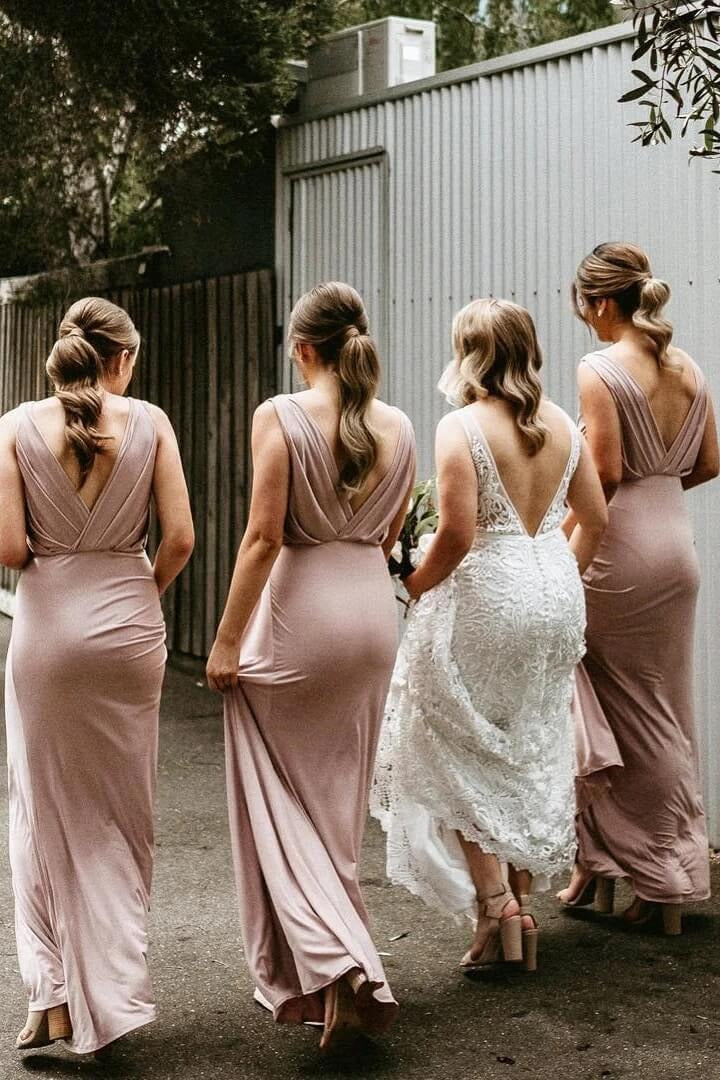 Cheap  Sleeveless Deep V Neck Chiffon Blush Pink Bridesmaid Dresses