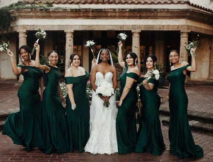 Off Shoulder Long Dark Green Bridesmaid Dresses Wedding Party Dress