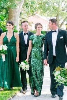 Cheap Green Sequin Bridesmaid Dresses Long Emerald Wedding Guests Dress Draped,BD240626